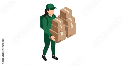 Delivery worker in uniform carrying packages in isometric style on white background