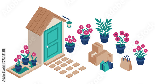 Isometric home entrance with plants and delivery packages in a garden setting