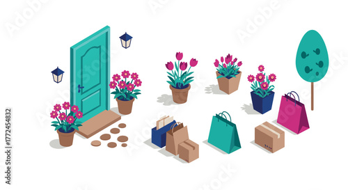 Isometric spring shopping doorway decor and ecofriendly bags with floral arrangements
