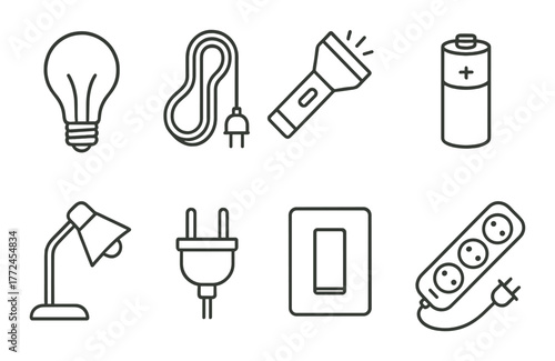 Set of electrical icons: light bulb, flashlight, battery, lamp, plug, switch, power strip