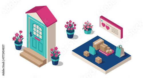 Isometric home entrance and online shopping scene with decorative elements