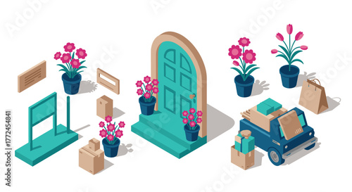 Isometric home entrance with delivery truck and potted flowers