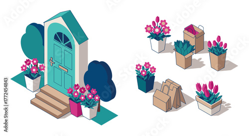 Isometric home entrance with potted flowers and shopping bags