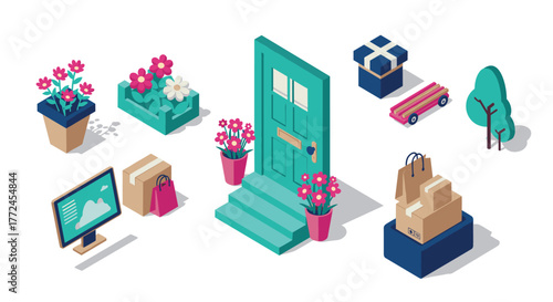 Isometric online shopping and delivery concept with packages and gifts