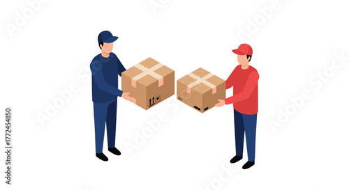 Two people exchanging parcel boxes in isometric design on white background