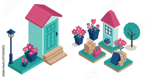 Charming isometric house entrance with colorful flowers and shopping bags