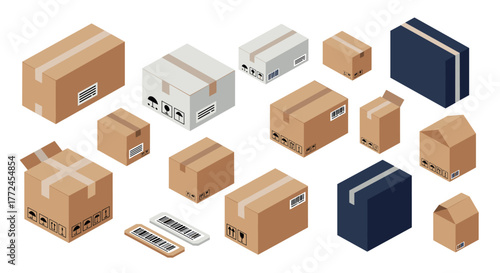 Diverse isometric cardboard boxes collection for packaging and shipping design