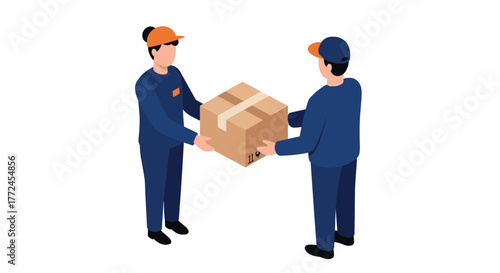 Isometric delivery workers in uniforms handing over a parcel box