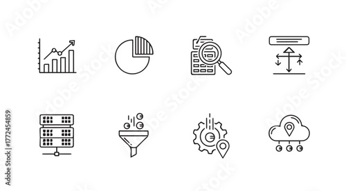 Set of 8 data science and analytics icons representing business intelligence and technology solutions vector