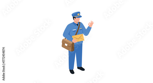 Isometric mail carrier in uniform delivering with briefcase and envelope