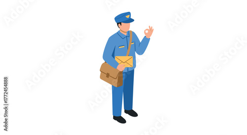 Isometric mail carrier in uniform holding envelope and making ok sign