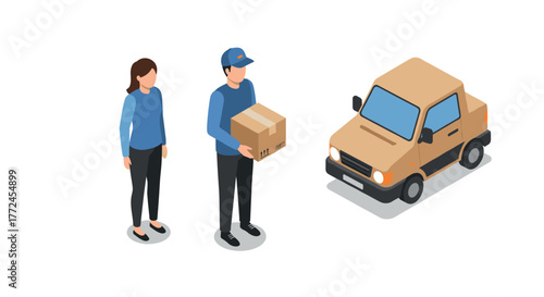 Isometric delivery concept with courier delivering parcel to customer near car
