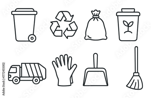 Waste management icons: recycling, garbage bins, and cleaning tools