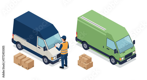 Delivery worker checking parcels near cargo vans in isometric design