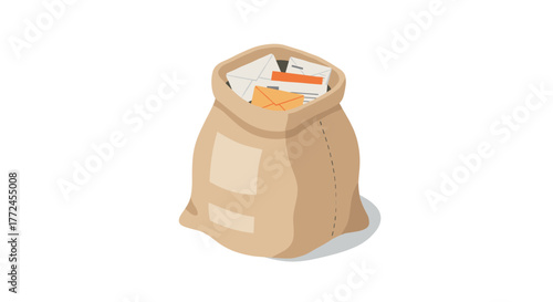 Isometric mail sack filled with envelopes on white background