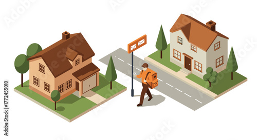 Isometric urban street scene with delivery person walking between two houses