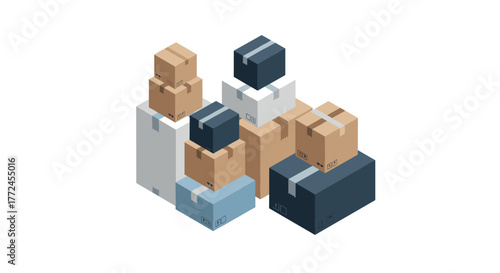 Isometric cardboard boxes stacked in various sizes on white background