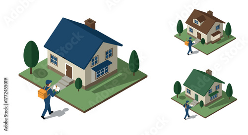 Isometric delivery service at different houses efficient package distribution