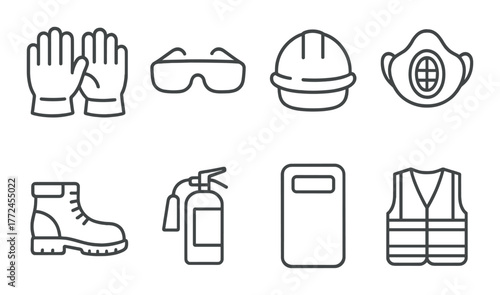 Protective equipment icons: gloves, goggles, hard hat, mask, boots, fire extinguisher, shield, vest