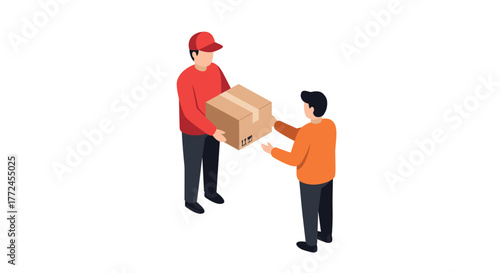 Isometric parcel delivery scene with two people exchanging a package