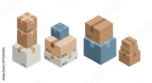 Assorted shipping boxes in isometric style on white background