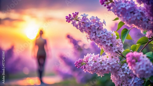 Blooming Lilac Branch with Siren Silhouette against Sky - High Depth of Field Stock Photo