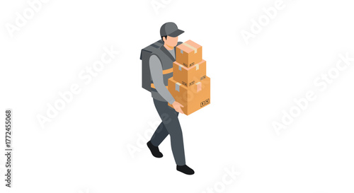 Isometric delivery worker carrying cardboard boxes on white background