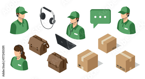 Customer service and delivery concept with isometric icons of headsets, boxes, and uniformed employees