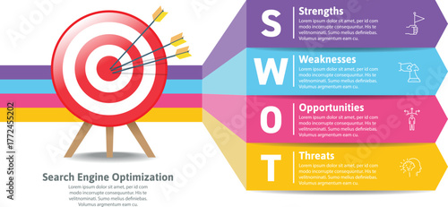 SWOT Analysis and Target Strategy Infographic with Colorful Arrow Hits — Business Planning, Marketing Strategy, and Corporate Growth Presentation Design