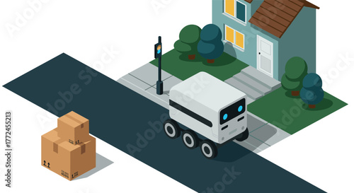 Autonomous delivery robot on suburban street with cardboard boxes