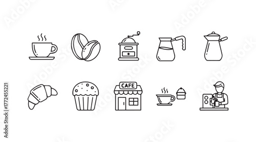 Hand drawn coffee shop icons set delicious cafe treats and beverages for a cozy morning vector
