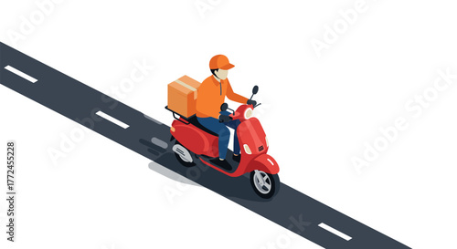 Isometric fast delivery courier on scooter with parcel riding on roadway
