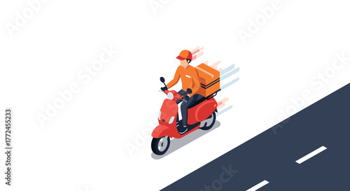 Delivery person on scooter in motion for fast food service concept
