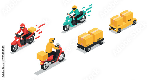 Isometric delivery vehicles and couriers in motion