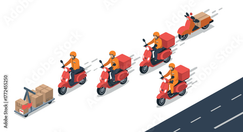 Fast delivery team on scooters with packages in isometric style