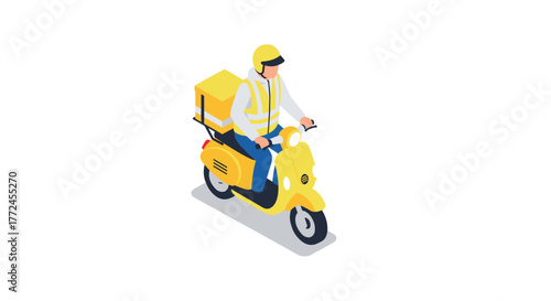 Isometric delivery rider on scooter in yellow uniform with helmet and backpack
