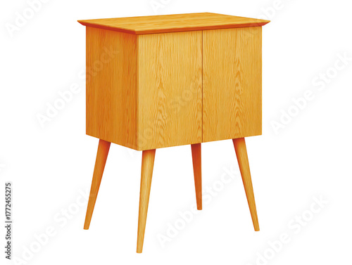 Wooden cabinet with tall legs mid century modern style light oak color minimalist design home furniture storage solution elegant and functional natural wood texture standing cabinet interior decor