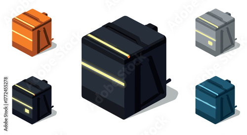 Isometric backpack designs in multiple colors with modern geometric style