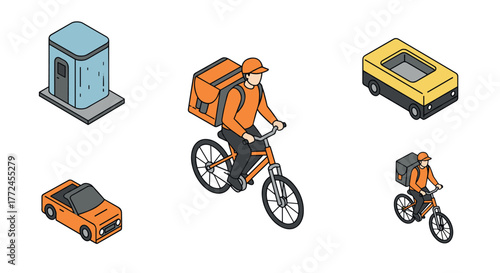 Isometric urban delivery cyclist courier icon set with buildings and vehicles