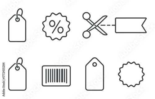 Monochrome icons: price tags, scissors, discount, barcode, labels
