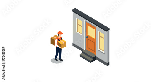 Isometric delivery service worker holding package at doorstep