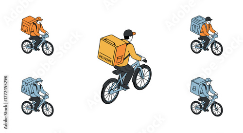 Isometric urban delivery cyclists with backpacks on bicycles