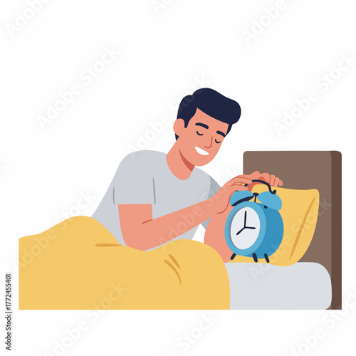 Flat Illustration Man Turning Off Alarm Clock in Bed Early Morning Routine
