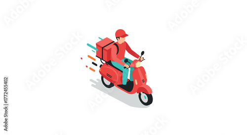 Isometric food delivery on red scooter with courier in motion