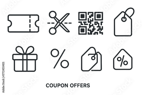 Discount and coupon icons: ticket, scissors, qr code, tags, gift, percentage