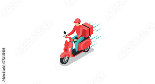 Delivery person on scooter in motion with isometric design