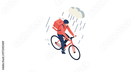 Delivery cyclist braving the rain in minimal style for fast urban service