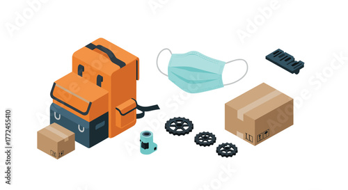 Isometric camping gear with backpack, mask, and cardboard boxes and tool