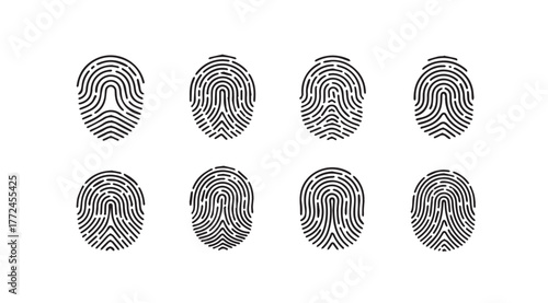 Set of eight unique fingerprint graphics for identity and security concepts vector
