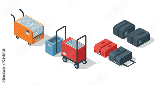 Isometric luggage and baggage carts in various colors and designs on white background